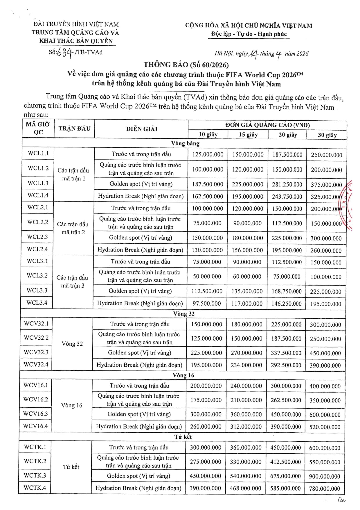 Bảng giá quảng cáo VTV World Cup 2026-1