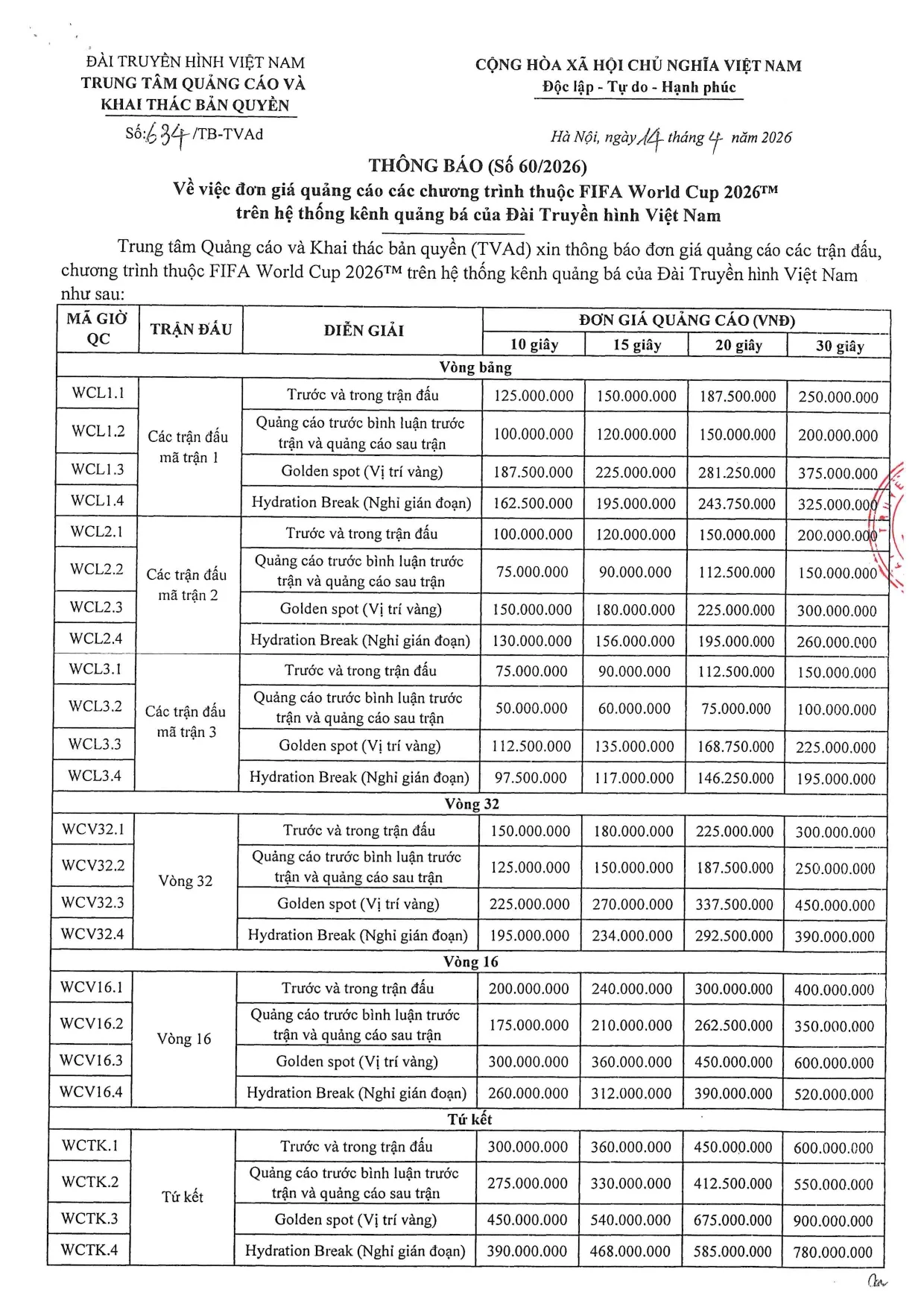 Bảng giá quảng cáo VTV World Cup 2026-1